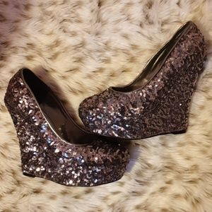 Silver and light purple Sequin Wedge Heels